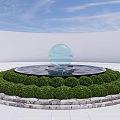 Round Garden Ornament With Transparent Sphere Fountain Water Basin Green Shrubs And Stone Border
