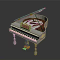 Decorative White Piano with Open Lid Golden Decorations and Red Item for Home Living