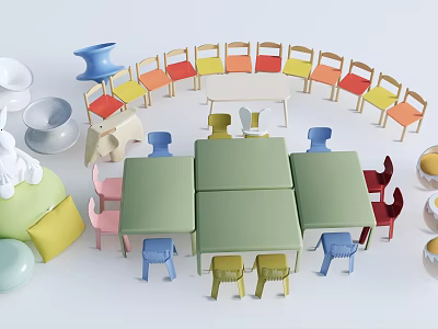 Colorful Children's Chairs Surrounding Green Tables with Kids' Items in Playroom Setting 3d model