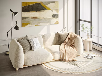 Cozy Beige Two Seater Sofa with Throw Pillows Blanket Abstract Wall Art and Round Rug 3d model