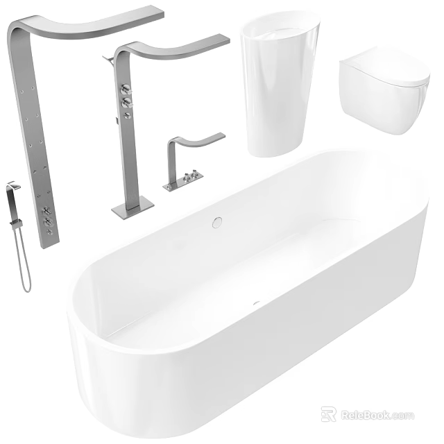Modern Bathroom Set With White Bathtub Toilet Faucet And Sink Basin 3d model 