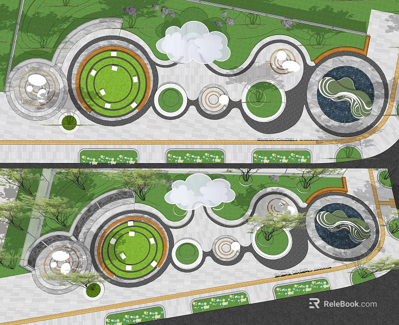 Park Landscape Design With Circular Lawns Curved Pathways Cloud Shaped Structures And Water Features 3d model