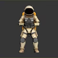 Astronaut In Spacesuit Holding Weapon Like Device On Gray Background With Reflective Ground