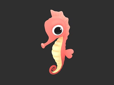 Cartoon Style Pink Seahorse With Big Eyes Curled Tail And Yellow Pink Body 3d model