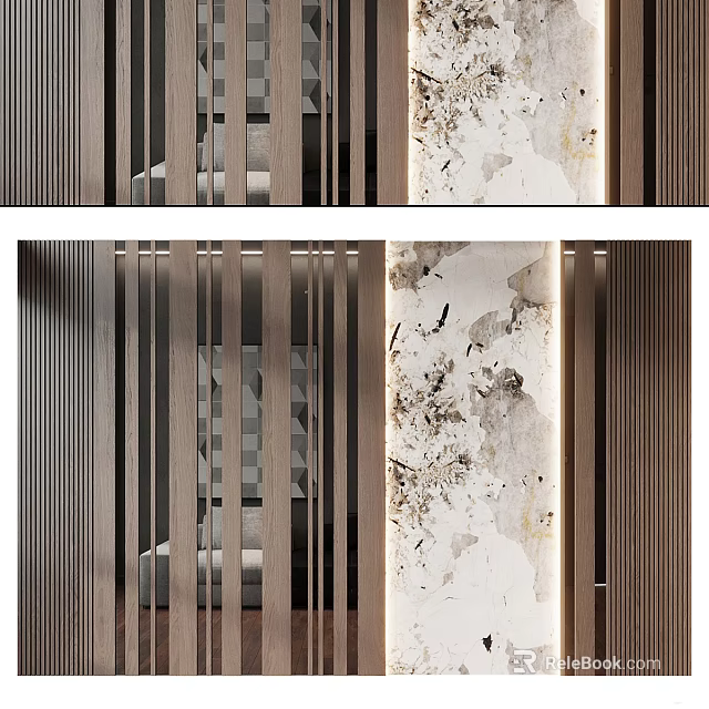 Modern Background Wall Design With Wooden Stripes And Marble Texture Panels 3d model