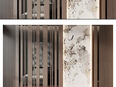 Modern Background Wall Design With Wooden Stripes And Marble Texture Panels 3d model