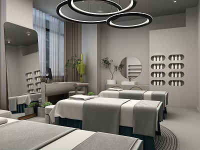Elegant SPA Store Interior With Treatment Beds Mirrors Decorative Lights And Green Plants 3d model