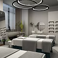 Elegant SPA Store Interior With Treatment Beds Mirrors Decorative Lights And Green Plants