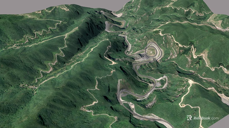 Aerial View Of Winding Mountain Roads In Lush Green Mountain Ranges 3d model 