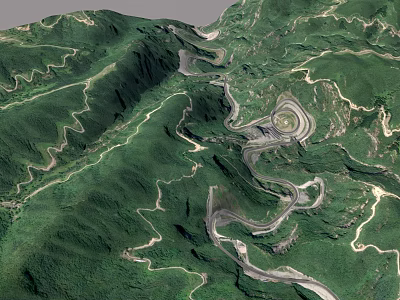 Aerial View Of Winding Mountain Roads In Lush Green Mountain Ranges 3d model
