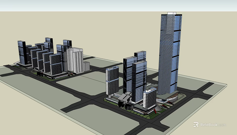 Modern High Rise Office Towers With Glass Facade And Urban City Skyline 3d model 