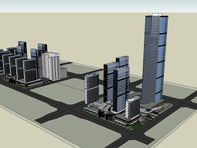 Modern High Rise Office Towers With Glass Facade And Urban City Skyline 3d model