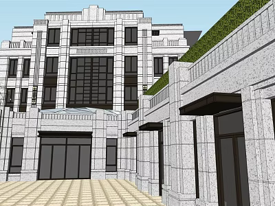 Classical Building Exterior With Stone Facade Large Windows And Green Roof Design 3d model