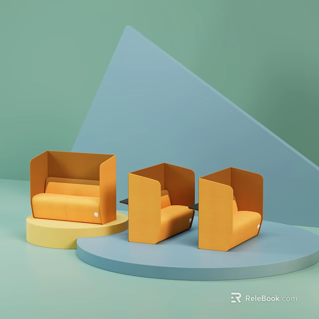 Three Orange Sectional Sofas On Colorful Platforms With Light Green And Blue Geometric Backgrounds 3d model