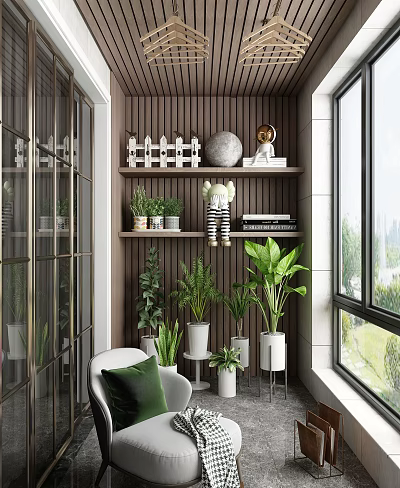 Modern Villa Balcony With Green Plants Wooden Shelves And Large Window 3d model