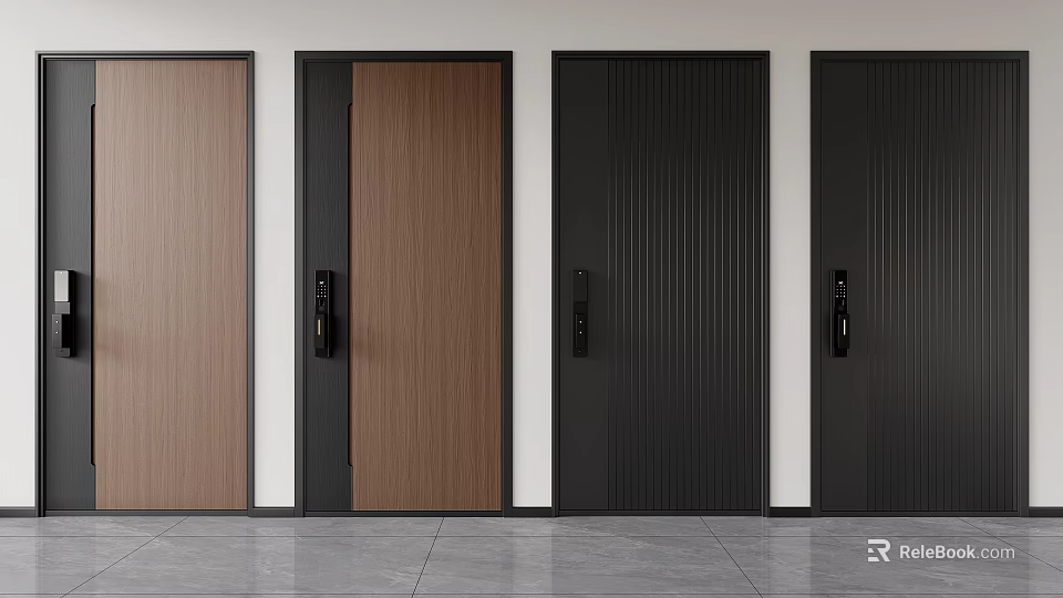 Modern Security Doors With Different Wooden Textures And Black Handles Design 3d model