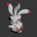 White Fox Cartoon Character With Red Patterns Big Red Eyes And Three Tails
