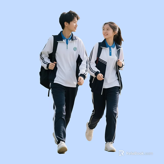 Two Students Wearing School Uniforms Carrying Backpacks Walking Outdoors Together 3d model 
