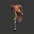 3D Cartoon Character With Long Red Hair Large Hat Green Yellow Coat And Blue Shorts