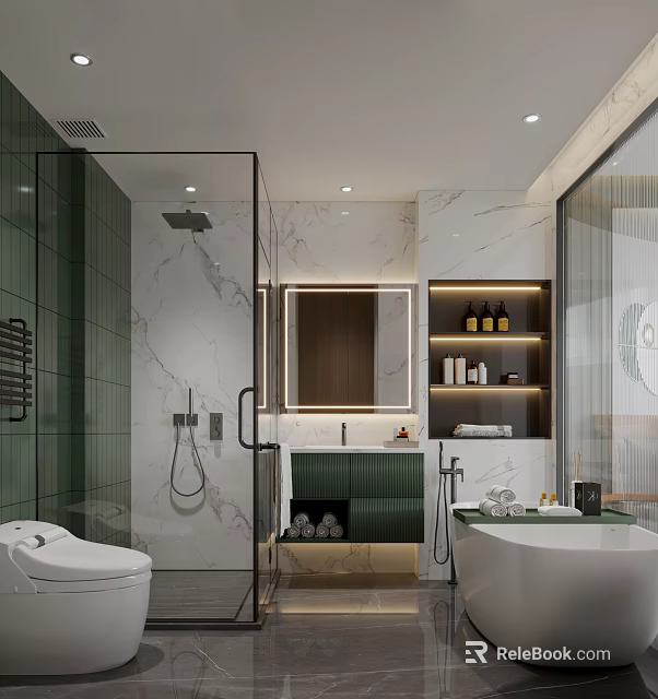 Modern Bathroom Interior With Green Tiles Marble Walls Glass Shower Vanity And Bathtub 3d model 
