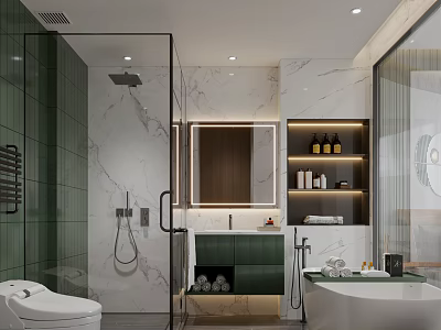 Modern Bathroom Interior With Green Tiles Marble Walls Glass Shower Vanity And Bathtub 3d model