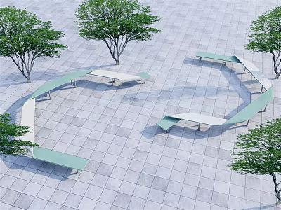 Modern Outdoor Chairs in Circular Arrangement on Plaza with Gray Tiled Ground and Green Trees 3d model