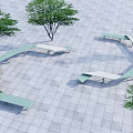 Modern Outdoor Chairs in Circular Arrangement on Plaza with Gray Tiled Ground and Green Trees