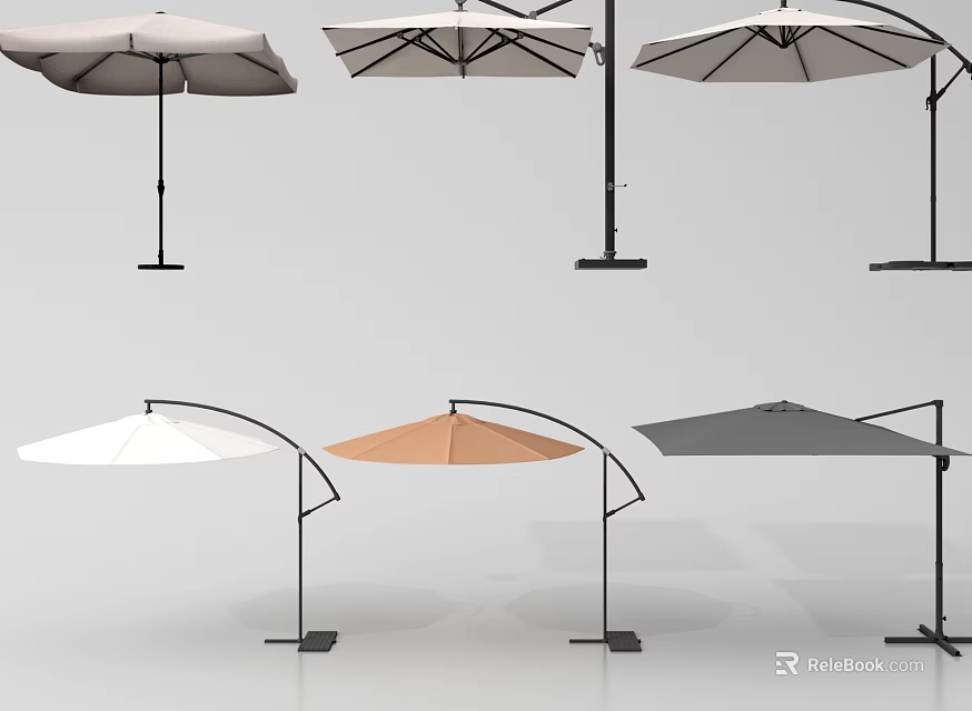 Outdoor Sunshade Umbrellas in Various Colors and Modern Designs with Sturdy Stands 3d model 