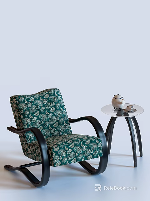 Green Patterned Armchair With Black Armrests And Side Table With Teapot Cups 3d model 