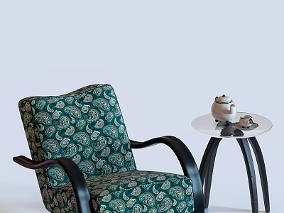 Green Patterned Armchair With Black Armrests And Side Table With Teapot Cups 3d model