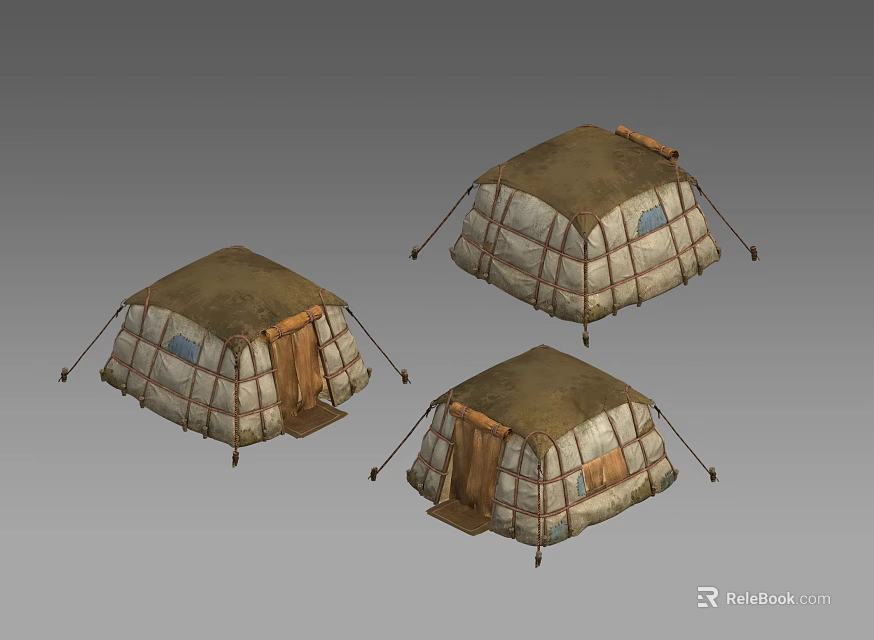 Traditional Nomadic Tents With Canvas Covers Wooden Doors Support Ropes And Classic Design 3d model 