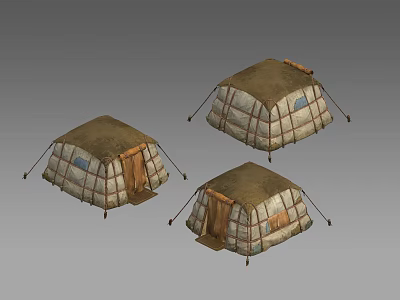 Traditional Nomadic Tents With Canvas Covers Wooden Doors Support Ropes And Classic Design 3d model