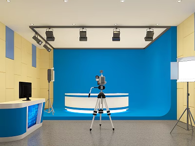 Professional Broadcasting Studio Setup With Blue Backdrop Presenter Desk Camera Tripod Lighting And Control Monitor 3d model
