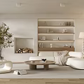Modern Living Room Interior With White Sofa Coffee Table Fireplace Bookshelf And Indoor Plant
