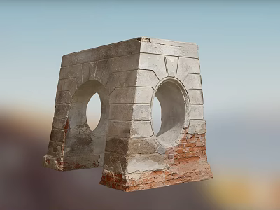 Aged Stone Pillar With Two Circular Holes And Red Brick Base 3d model