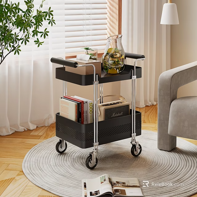 Black Two Tier Rolling Cart With Metal Frame Wheels Books Green Plants In Living Room 3d model 