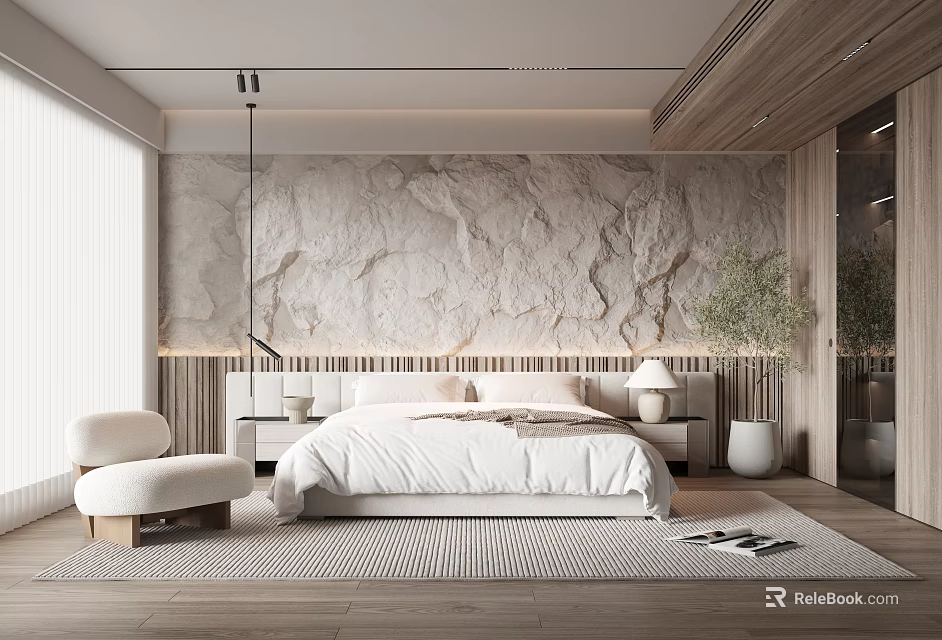 Modern Bedroom Interior With Marble Accent Wall Wooden Ceiling Large Bed And White Bedding 3d model 