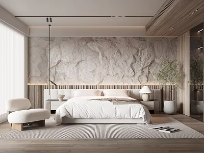 Modern Bedroom Interior With Marble Accent Wall Wooden Ceiling Large Bed And White Bedding 3d model