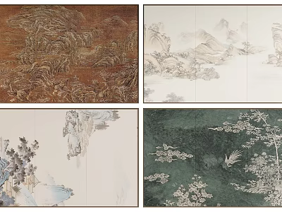 Traditional Chinese Background Wall Art With Landscape And Flower Bird Paintings In Classic Color Designs 3d model