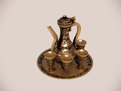 Elegant Golden Wine Bottle And Glasses Set With Intricate Patterns On Decorative Tray 3d model