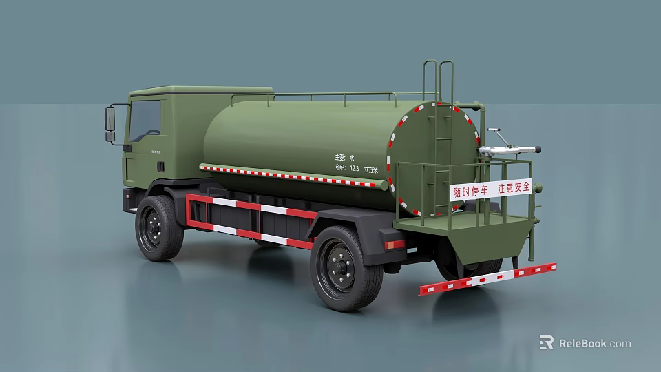 Green Utility Tanker Truck With Storage Tank Rear Ladder And Reflective Strips 3d model 