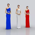 Three Women Wearing One Shoulder Blue White Red Dresses With Tiaras Hands Clasped In Front