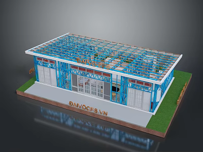 Steel Structure Building Model Featuring Blue Framework DAVCOCKS VN And Grass Area 3d model