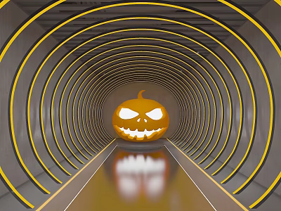 Decorated Office Corridor With Jack o Lantern Circular Yellow Lights And Reflective Floor 3d model