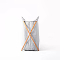 Gray Fabric Storage Basket With Wooden Cross Handles For Home Organization