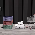 Commercial Retail Equipment Set with Cash Register Shopping Cart and Stacked Colorful Baskets