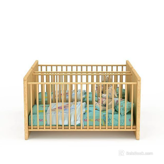 Wooden Baby Crib Interior With Colorful Bedding Mattress And Pillows 3d model 