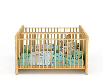 Wooden Baby Crib Interior With Colorful Bedding Mattress And Pillows 3d model