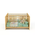 Wooden Baby Crib Interior With Colorful Bedding Mattress And Pillows