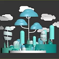 Modern 3D Scenic Model With Abstract Trees Floating Clouds And Circular Platform
